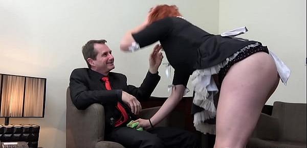  Ginger maid fucks with mature boss and his chubby wife